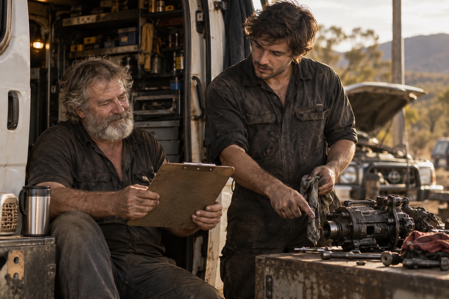 The driver reviews a clipboard from his seat while the mechanic explains an engine part beside the van