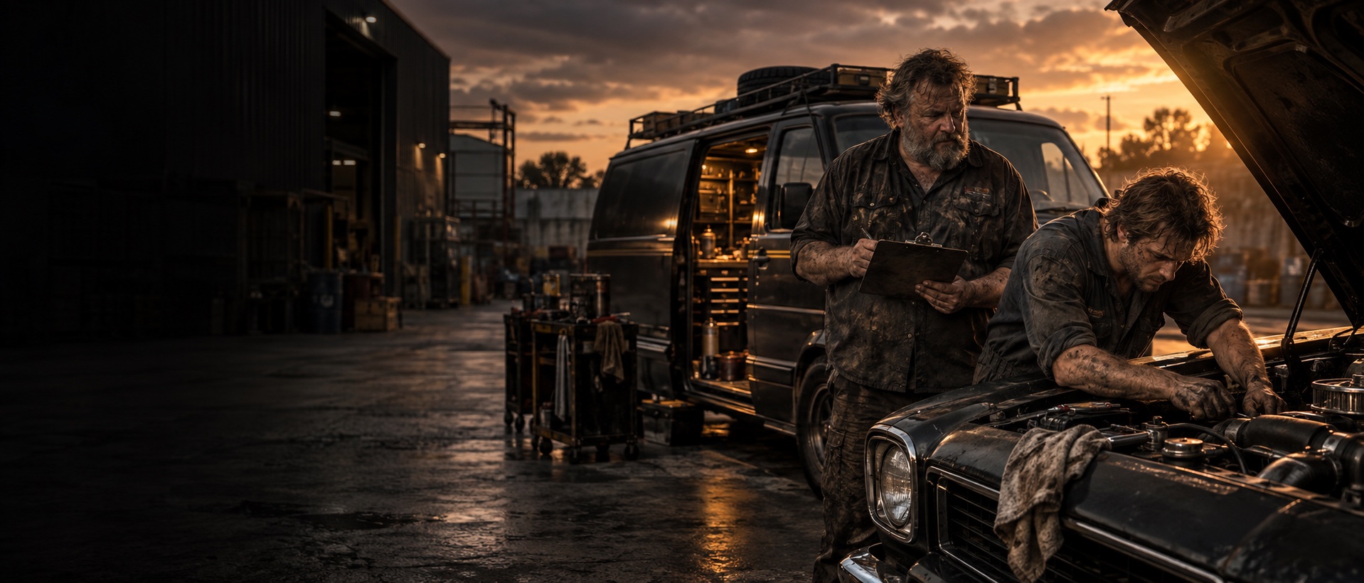 A scruffy driver supervises his oil-stained mechanic beside a battered dark van at dusk