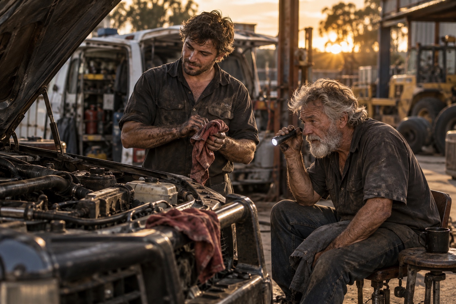 The seated driver scrutinises the finished engine with a torch while the young mechanic wipes his greasy hands