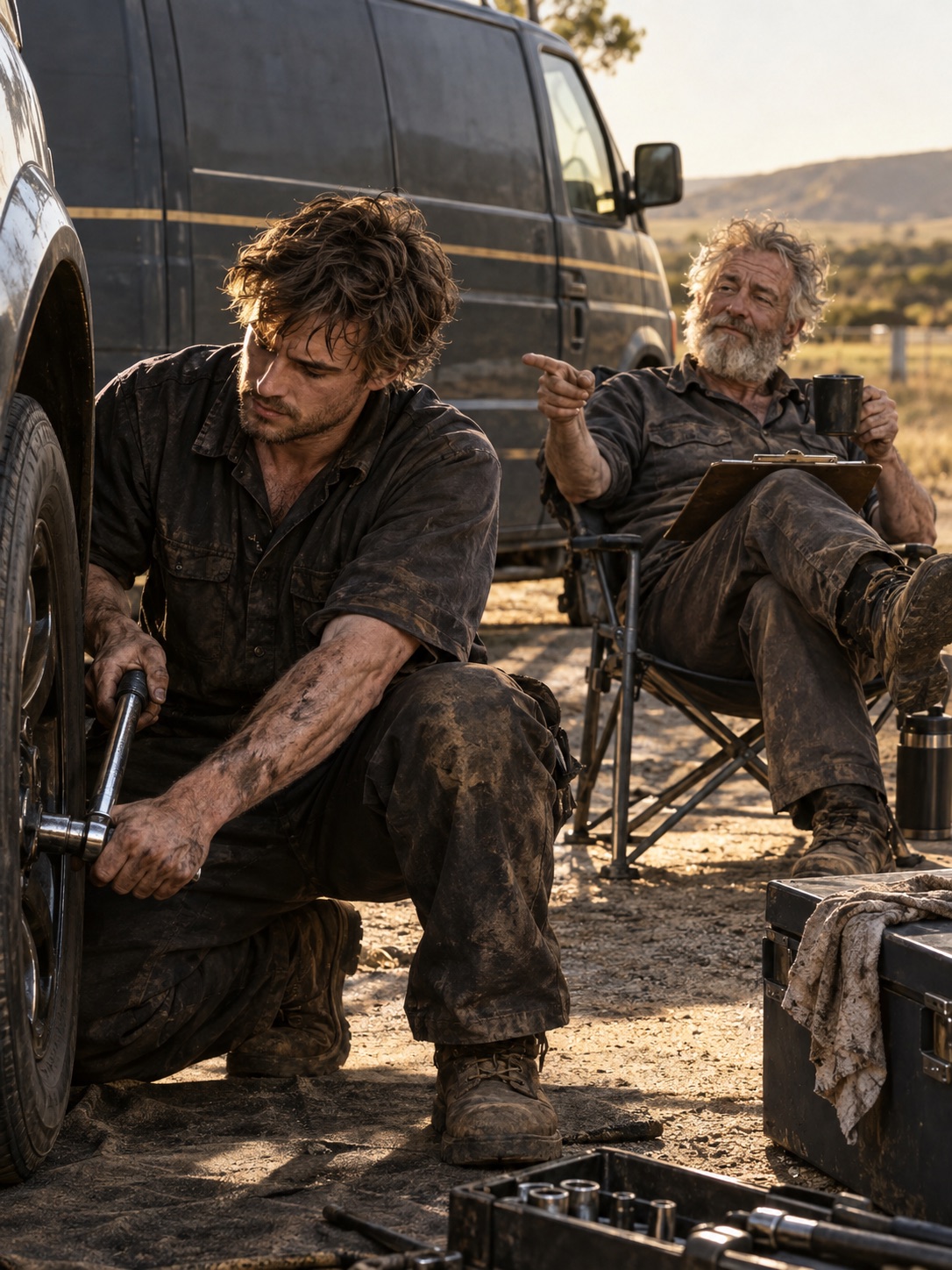 The younger mechanic tightens a wheel while the older driver lounges with coffee and points from his chair