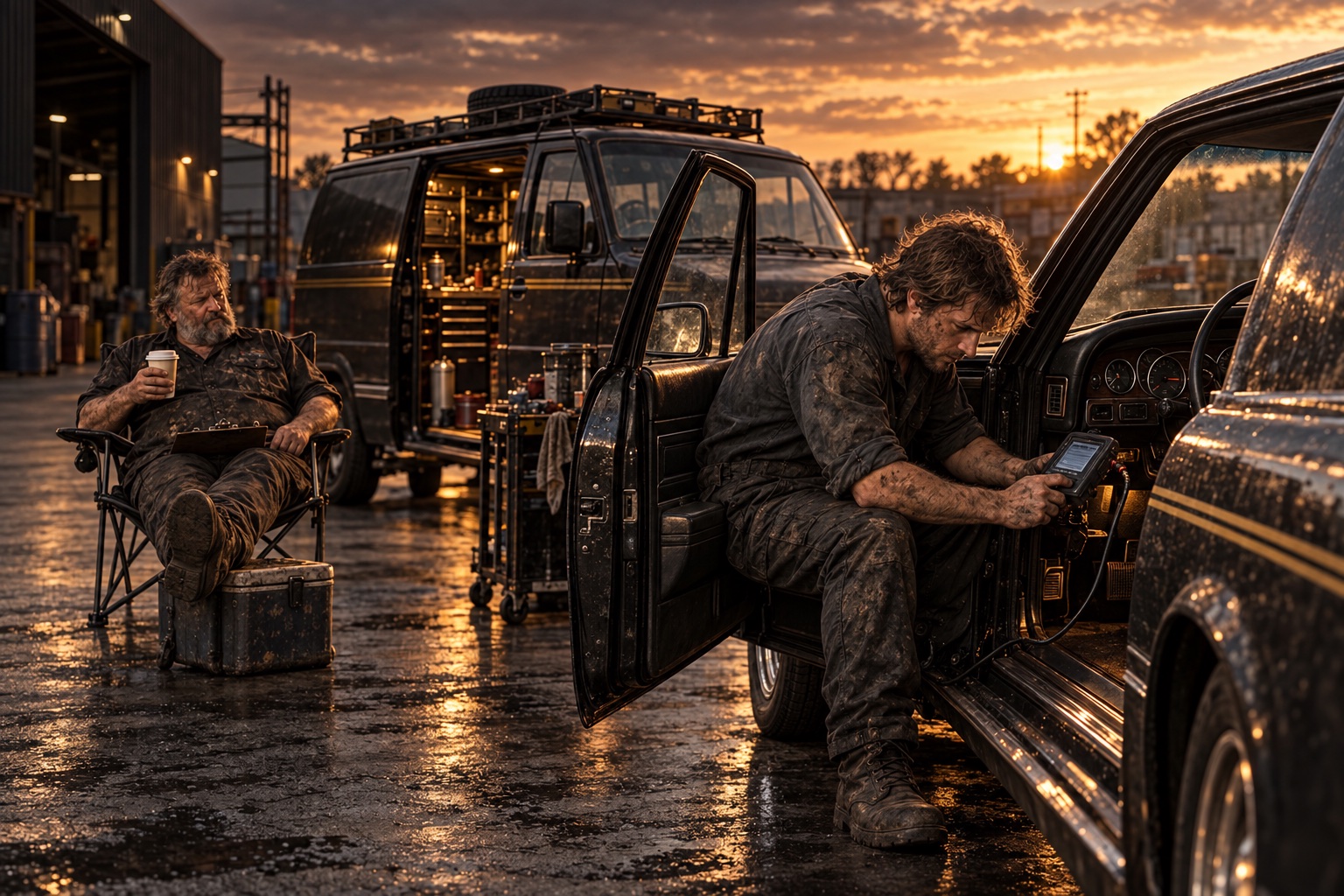 The young mechanic runs a diagnostic scan while the older driver relaxes with a coffee beside the van