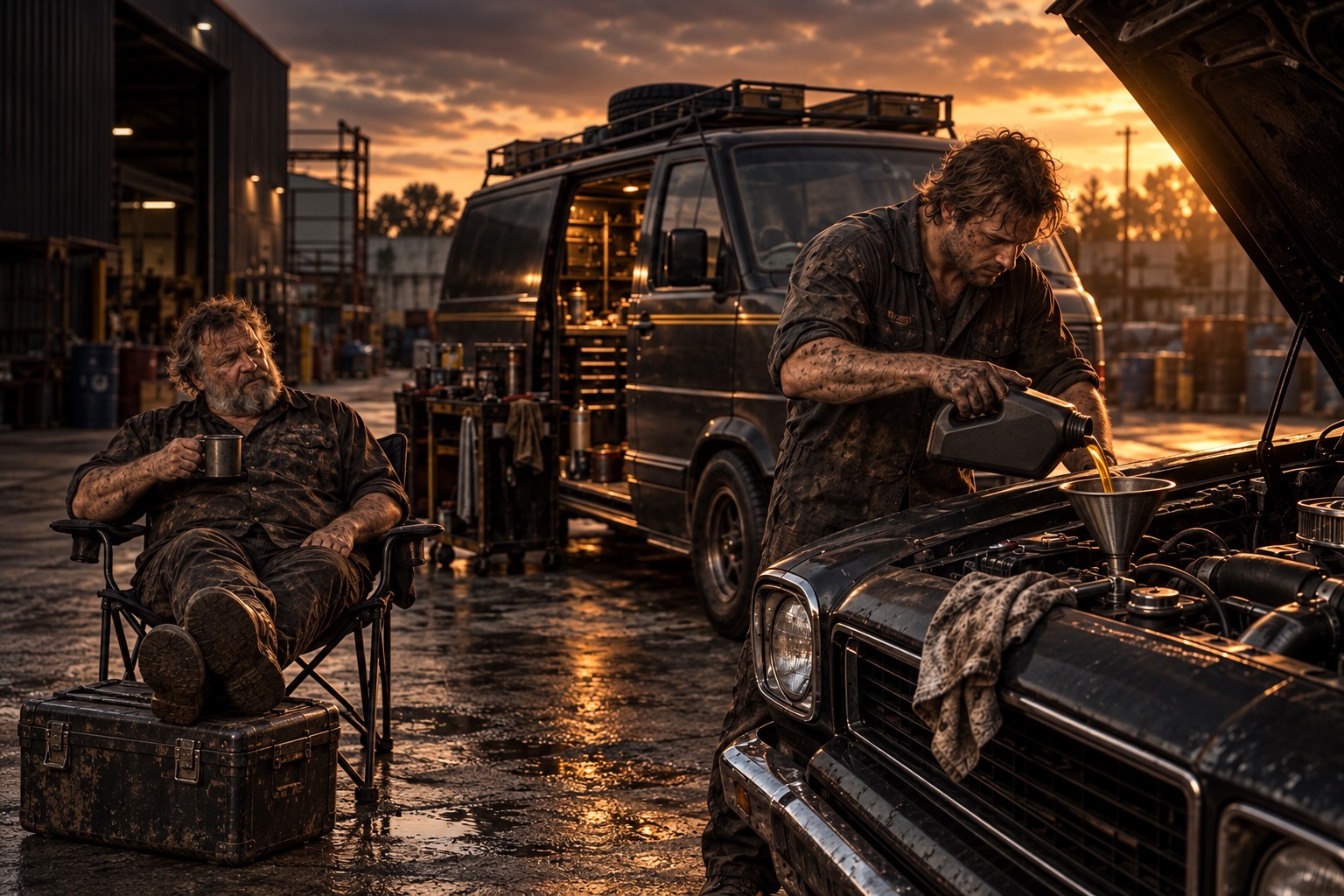 The young mechanic changes the engine oil while the older driver watches from a folding chair with his feet up