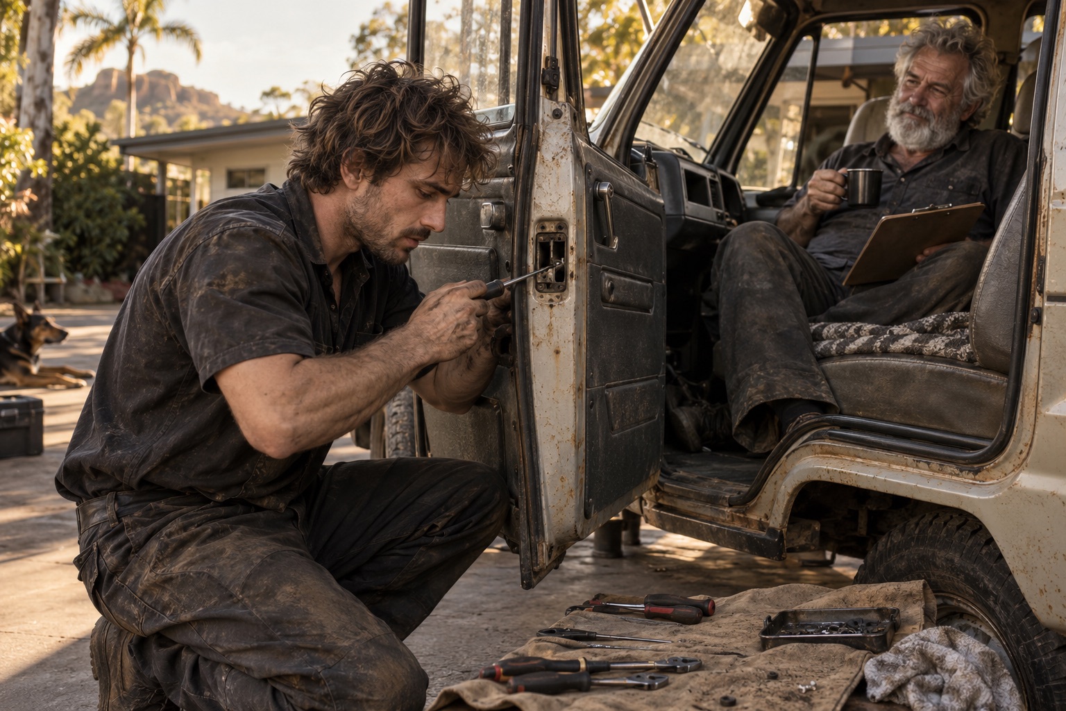 The young mechanic repairs a stubborn door latch while the older driver reclines inside with coffee and a clipboard
