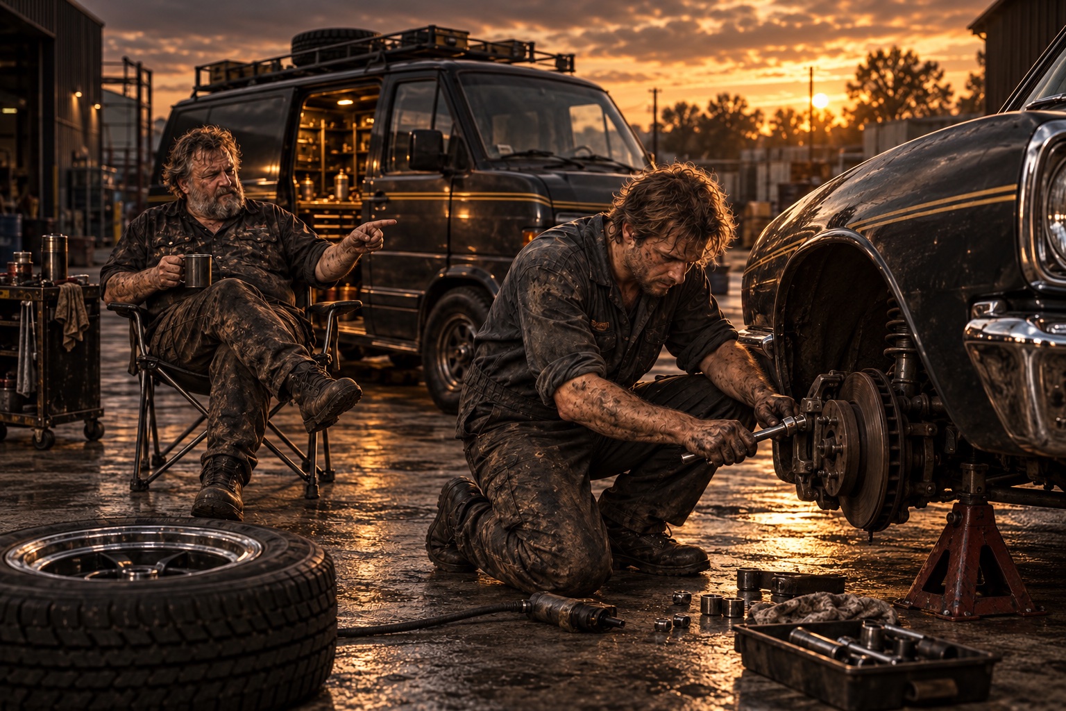 The young mechanic works on a brake caliper while the older driver sits drinking coffee and offering instructions