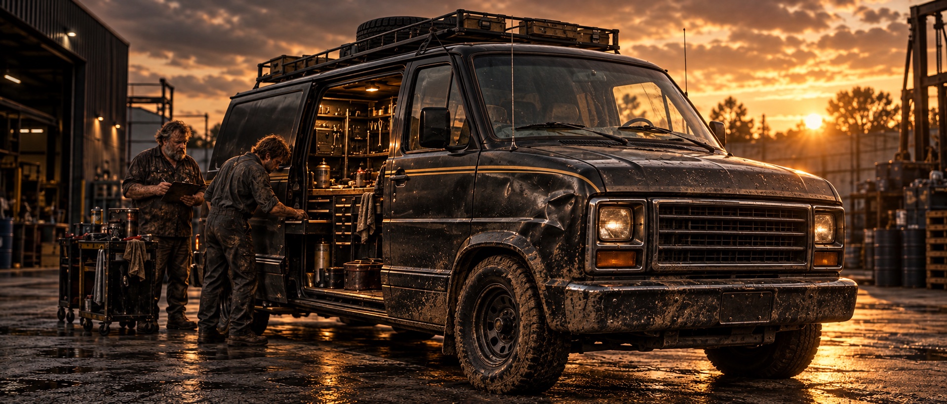 A battered charcoal work van with a gold stripe in the crew’s industrial yard