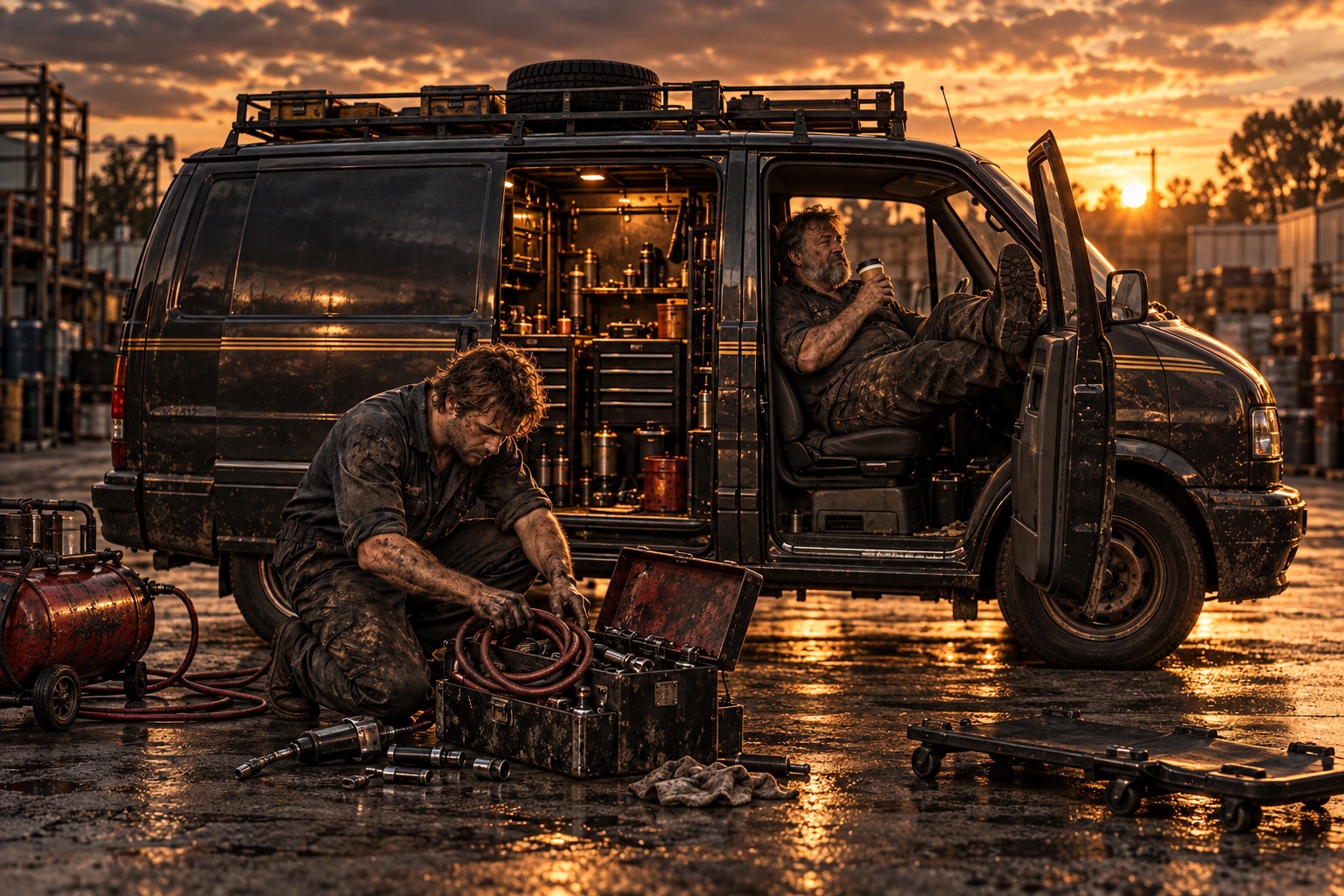 The older driver reclines in the van sipping coffee while the younger mechanic sorts the tools and coils a hose outside