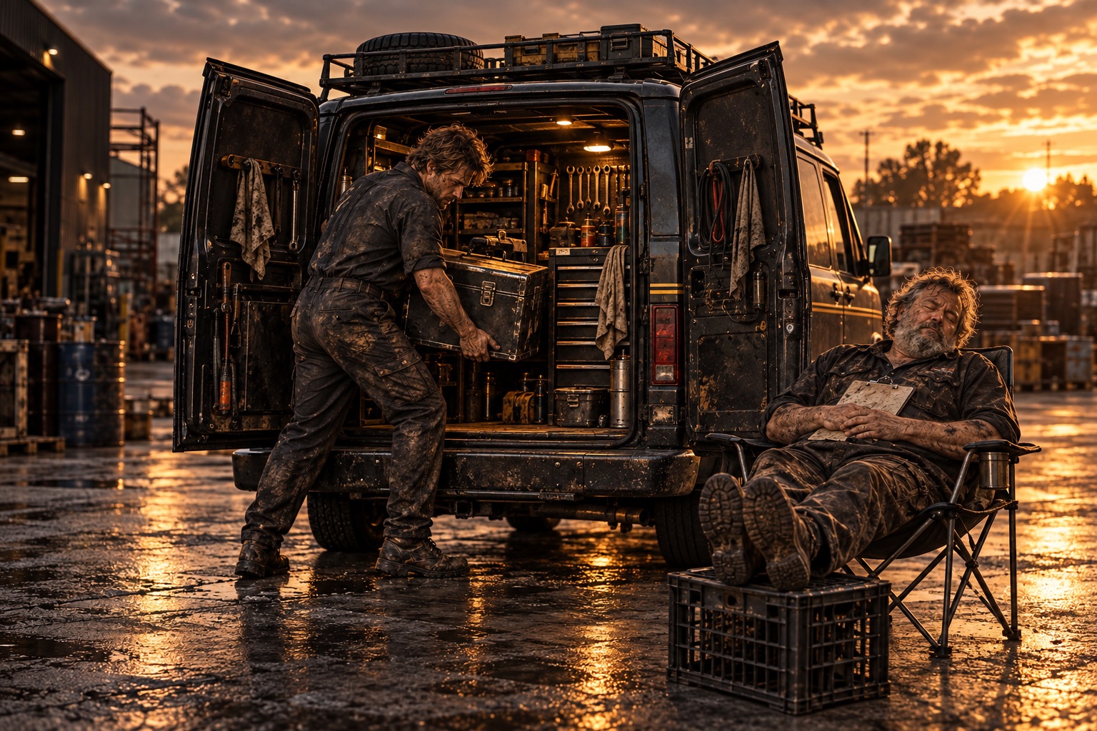 The young mechanic loads a heavy toolbox into the van while the older driver naps in a chair beside it
